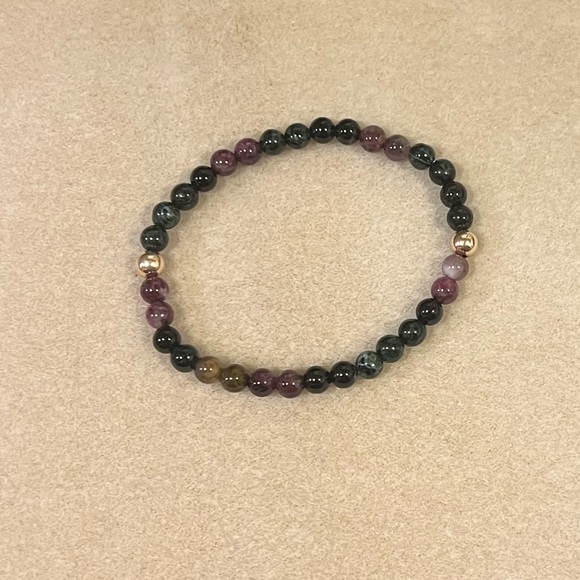 Watermelon Tourmaline Gold Filled Gemstone Set of 3 Stretch Stacking Bracelet - Picture 5 of 13